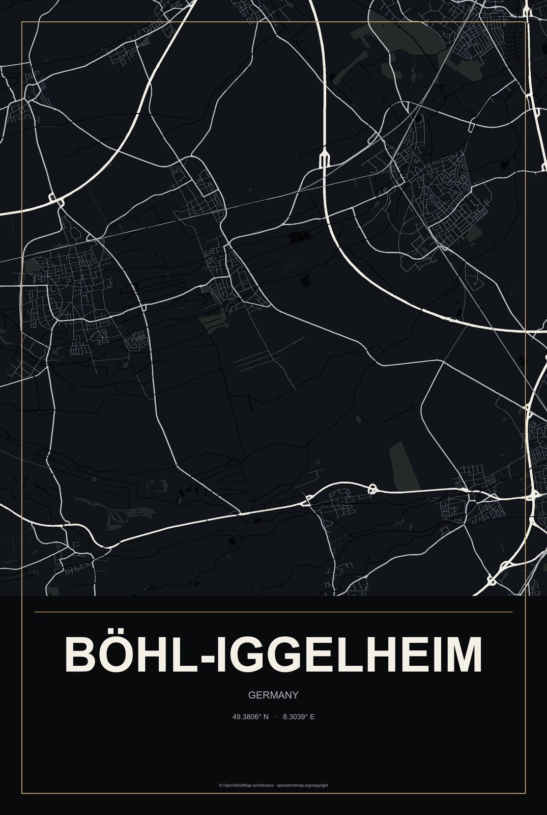 Böhl-Iggelheim, Germany City Map Aluminum Sign in Metropolitan Noir style