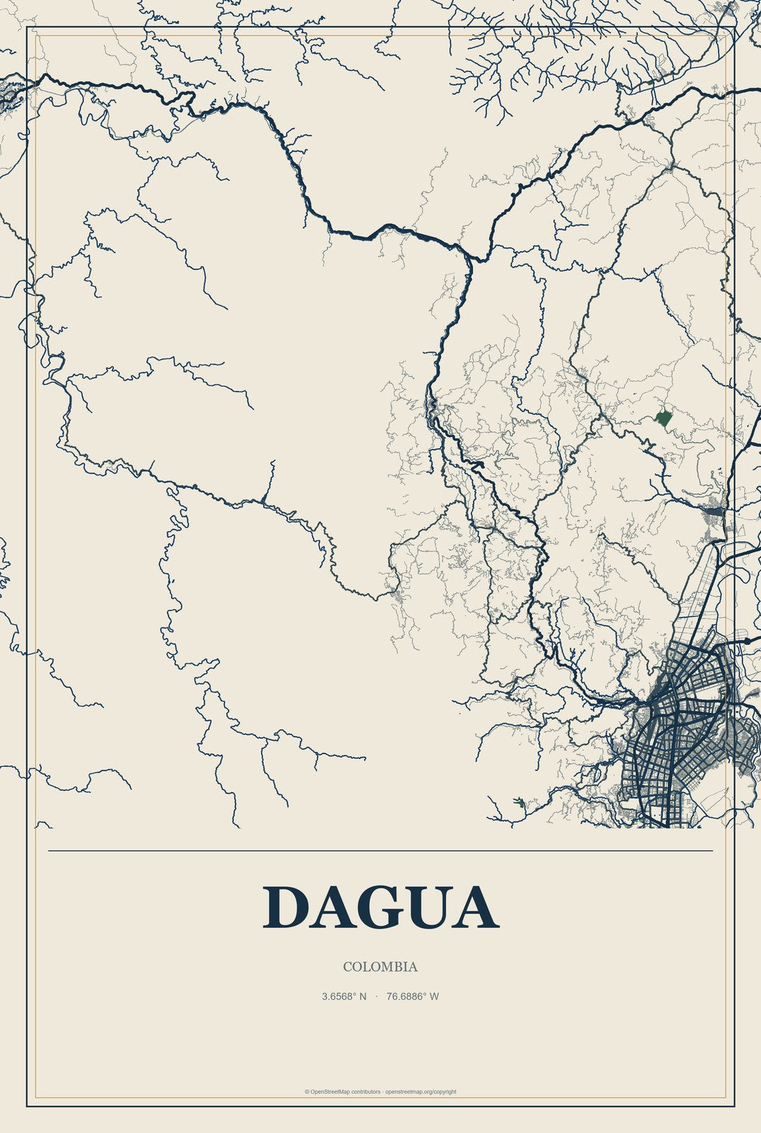Dagua, Colombia City Map Aluminum Sign in Coastal Cutout style