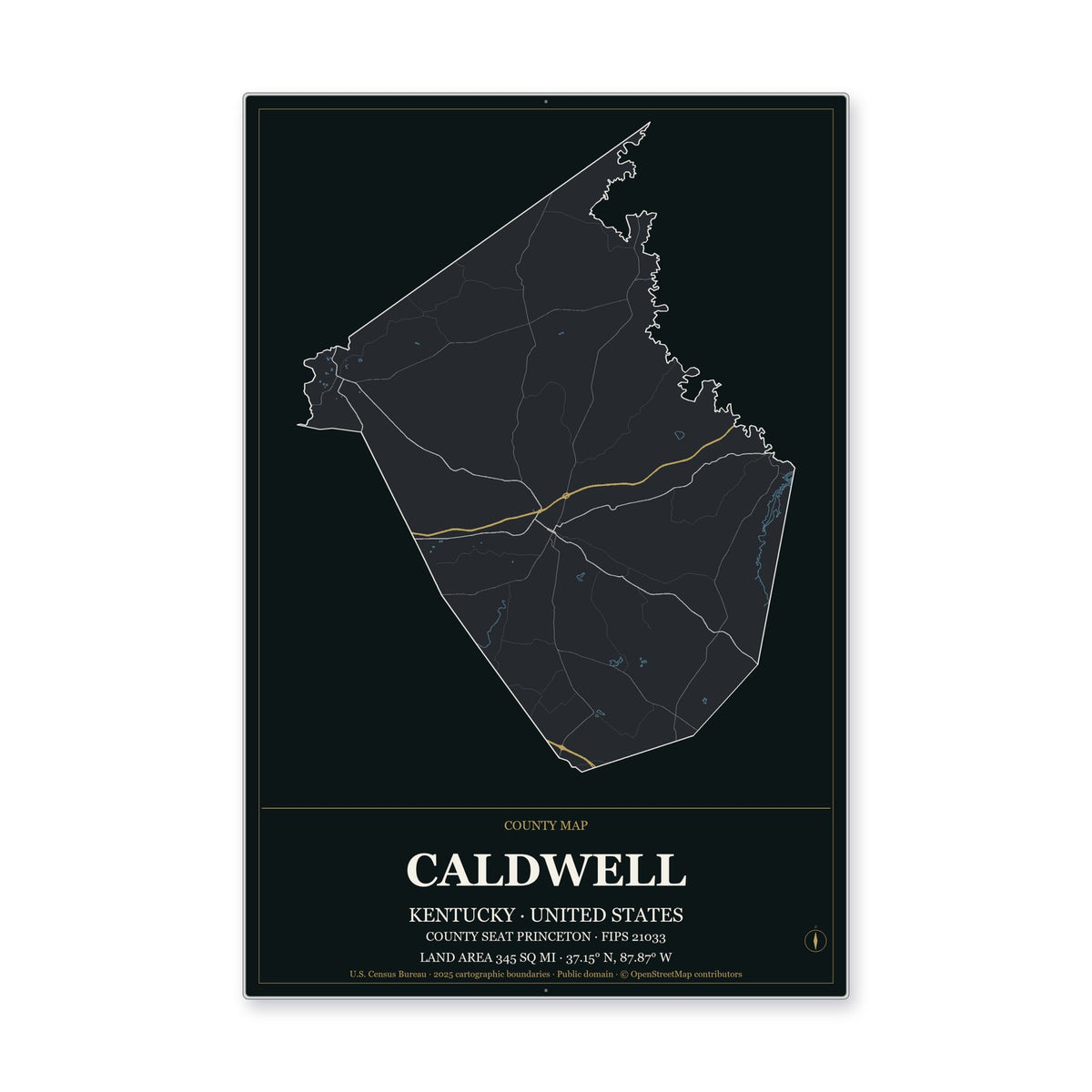 Caldwell County, Kentucky Map Aluminum Sign in Metropolitan Noir style