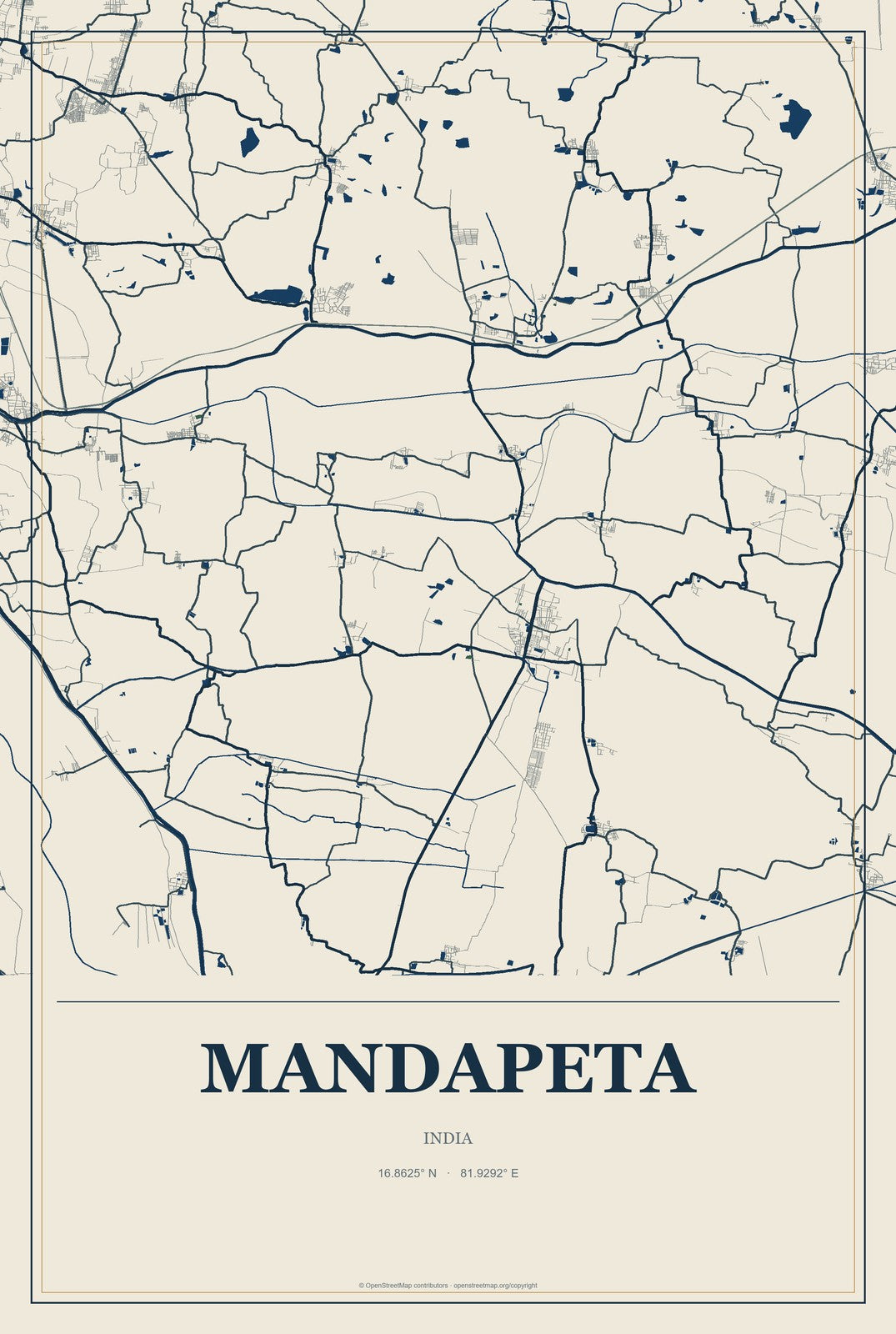 Mandapeta, India City Map Aluminum Sign in Coastal Cutout style