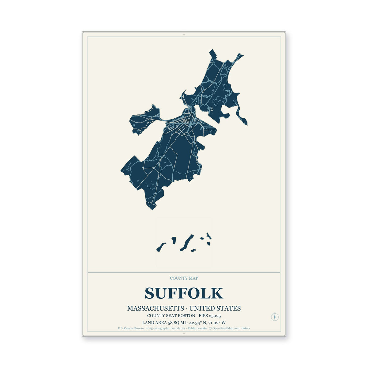 Suffolk County, Massachusetts Map Aluminum Sign in Coastal Cutout style