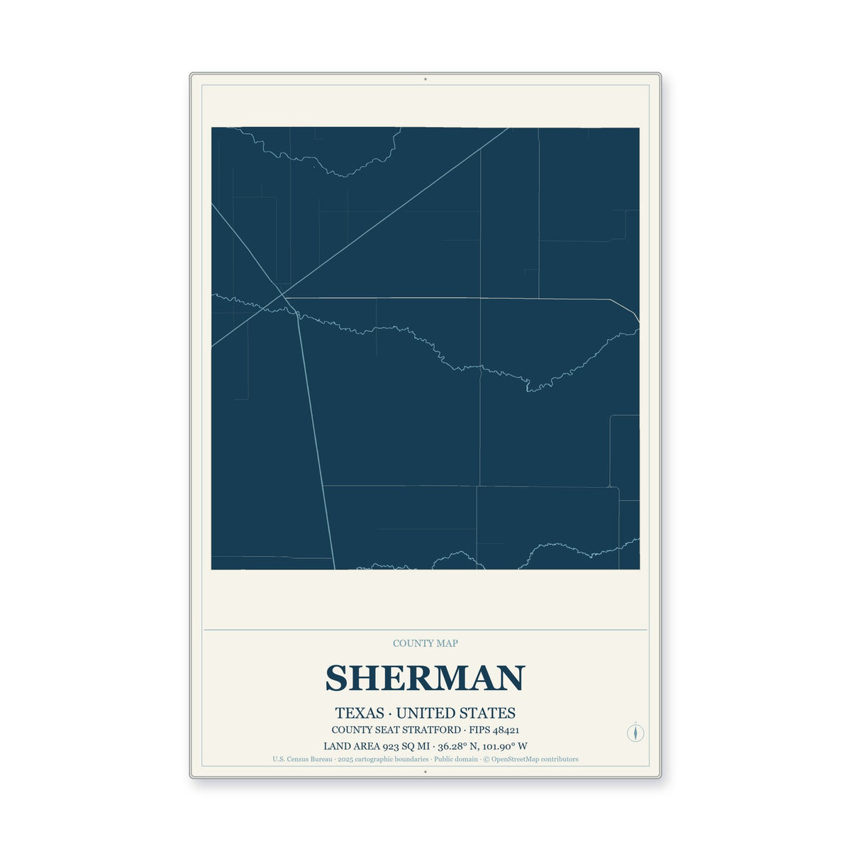 Sherman County, Texas Map Aluminum Sign in Coastal Cutout style