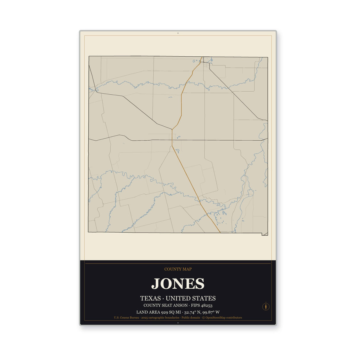 Jones County, Texas Map Aluminum Sign in Museum Plaque style