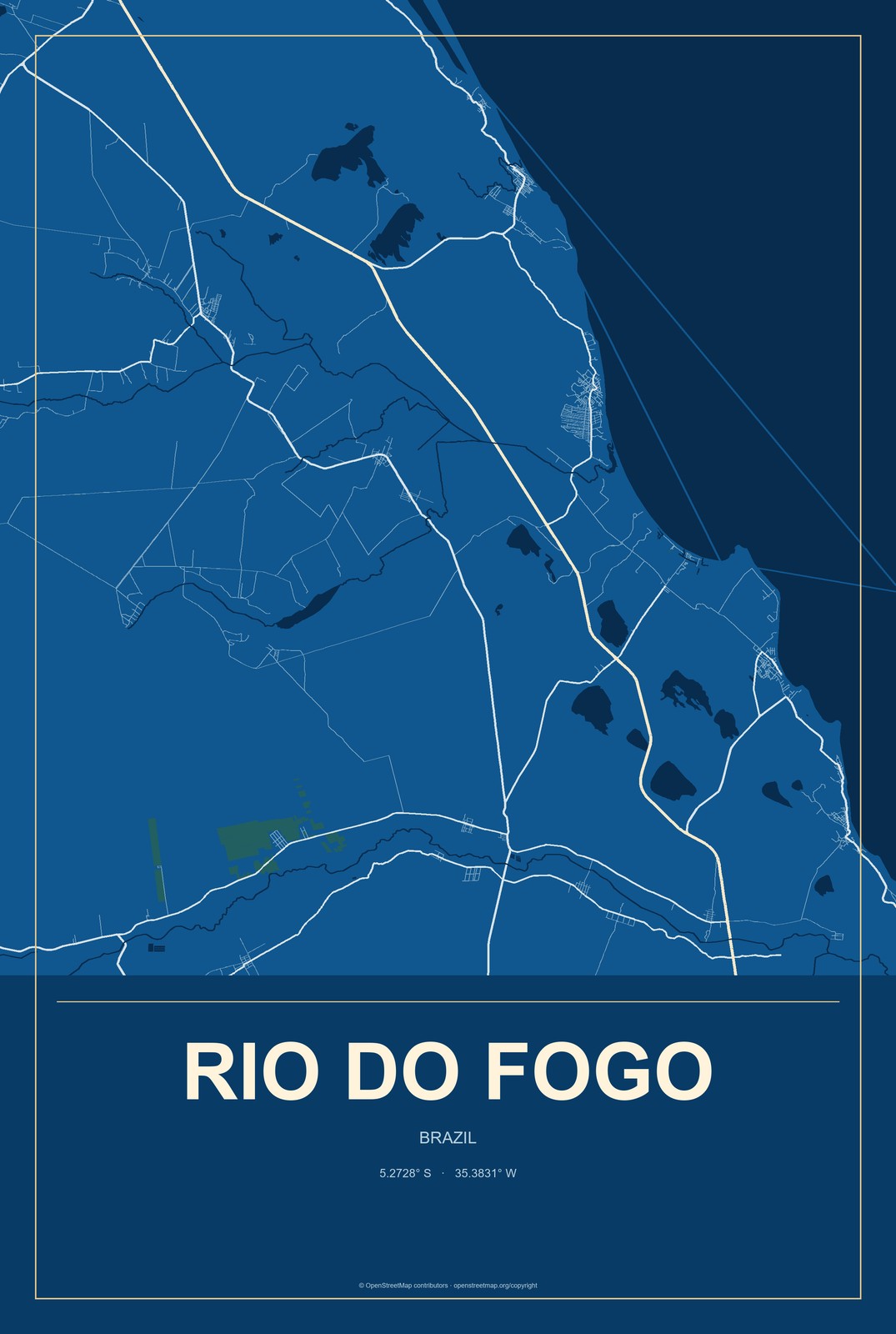 Rio do Fogo, Brazil City Map Aluminum Sign in Harbor Cobalt style