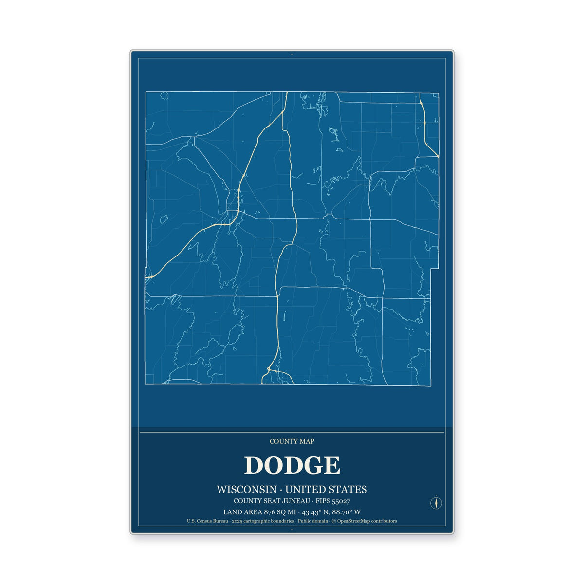 Dodge County, Wisconsin Map Aluminum Sign in Harbor Cobalt style