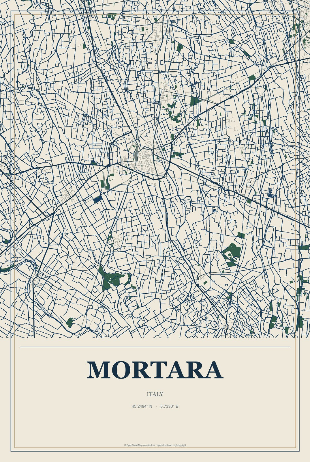 Mortara, Italy City Map Aluminum Sign in Coastal Cutout style