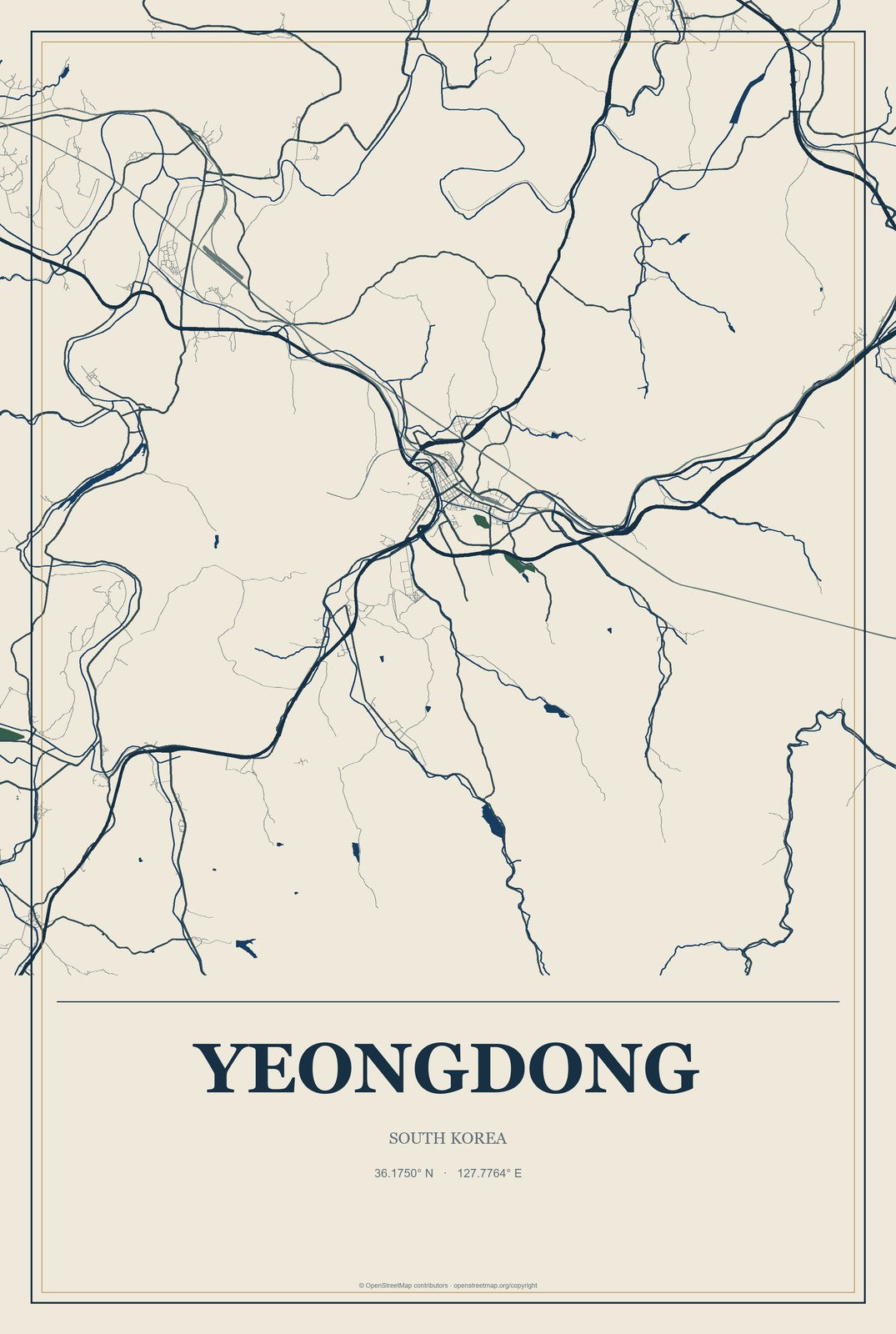 Yeongdong, South Korea City Map Aluminum Sign in Coastal Cutout style