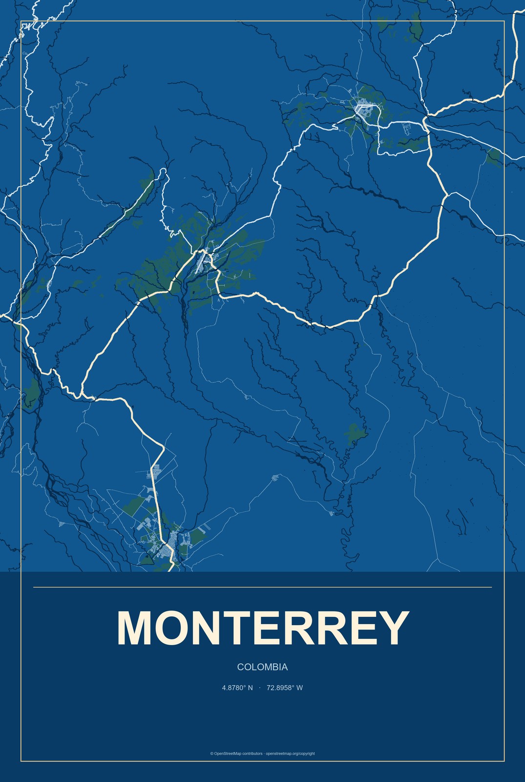 Monterrey, Colombia City Map Aluminum Sign in Harbor Cobalt style
