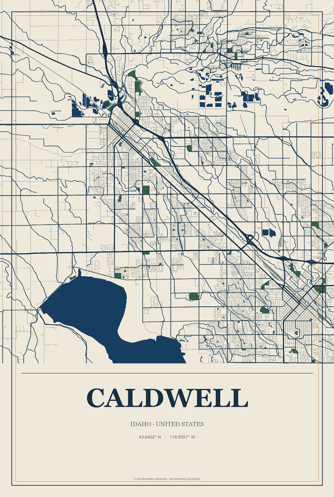 Caldwell, Idaho City Map Aluminum Sign in Coastal Cutout style