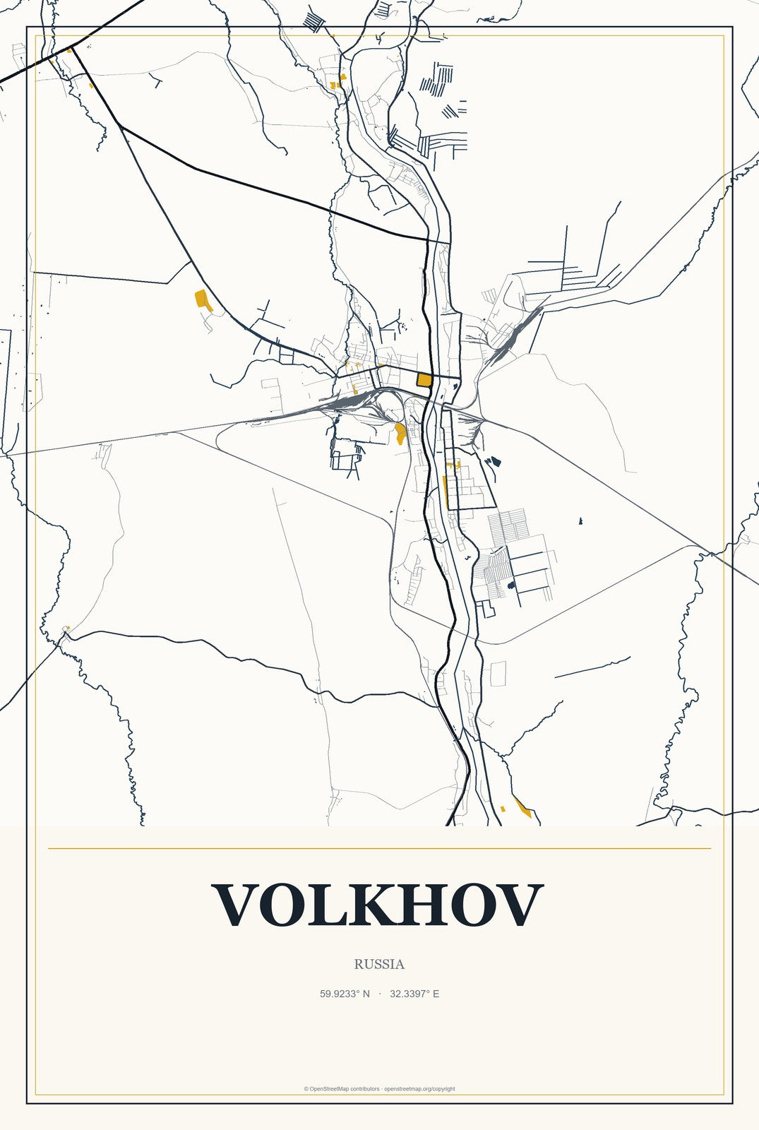 Volkhov, Russia City Map Aluminum Sign in Citrine Modern style