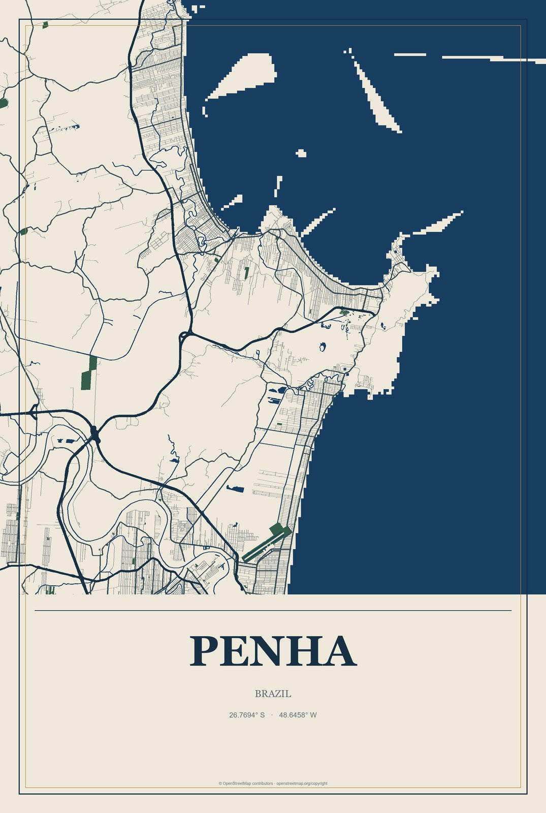 Penha, Brazil City Map Aluminum Sign in Coastal Cutout style