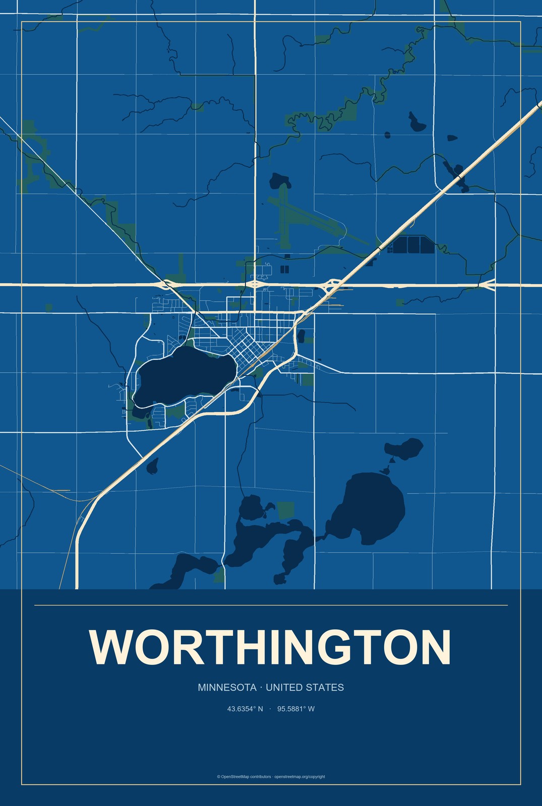 Worthington, Minnesota City Map Aluminum Sign in Harbor Cobalt style