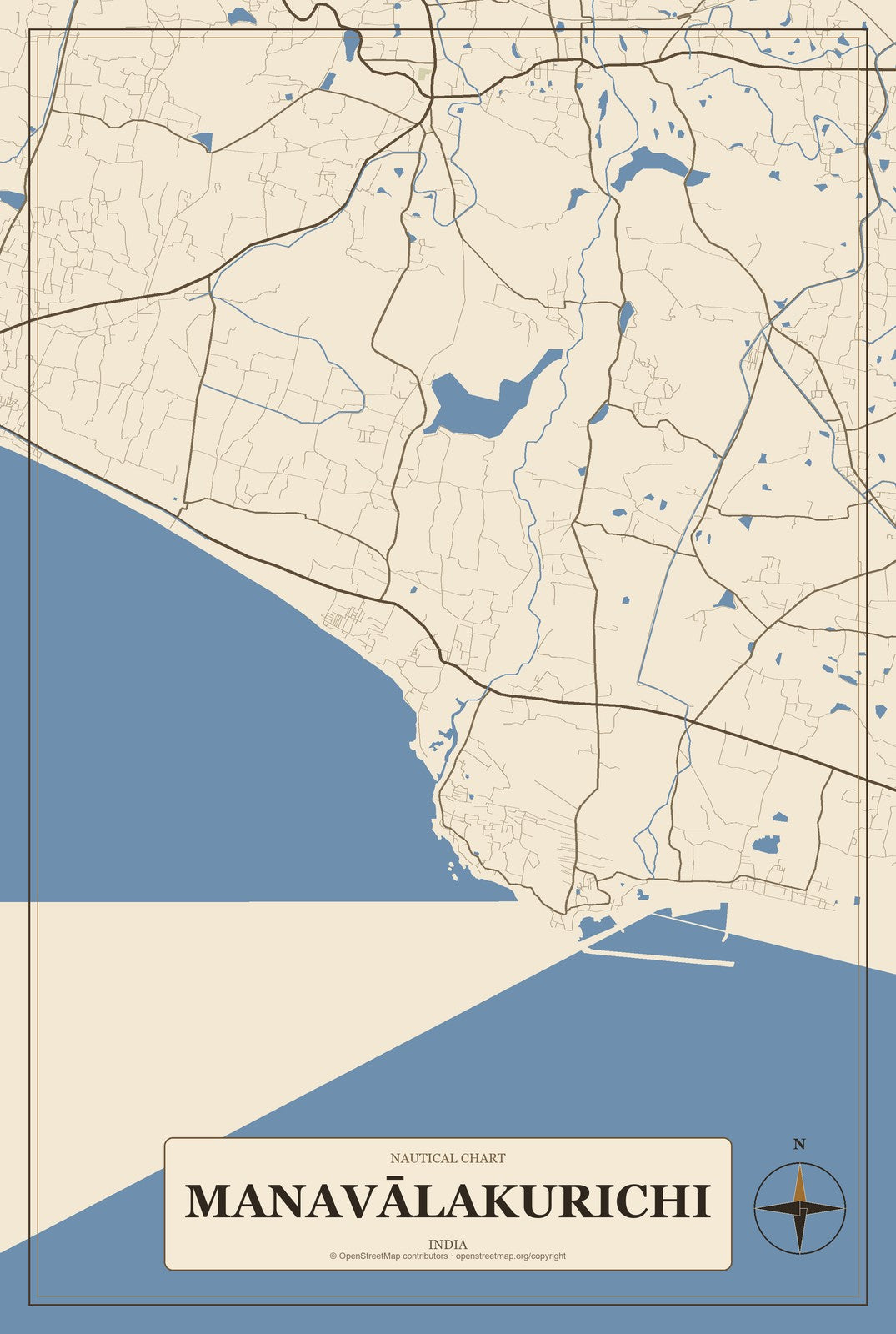 Manavālakurichi, India City Map Aluminum Sign in Heritage Nautical style