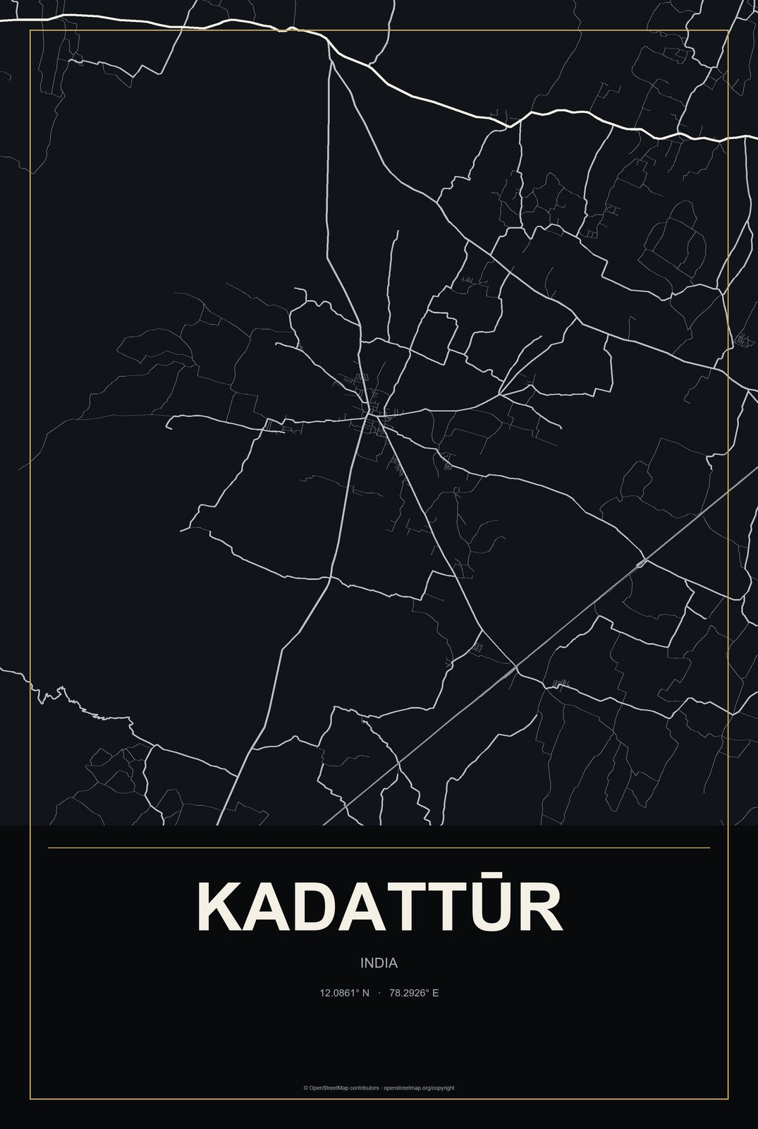 Kadattūr, India City Map Aluminum Sign in Metropolitan Noir style