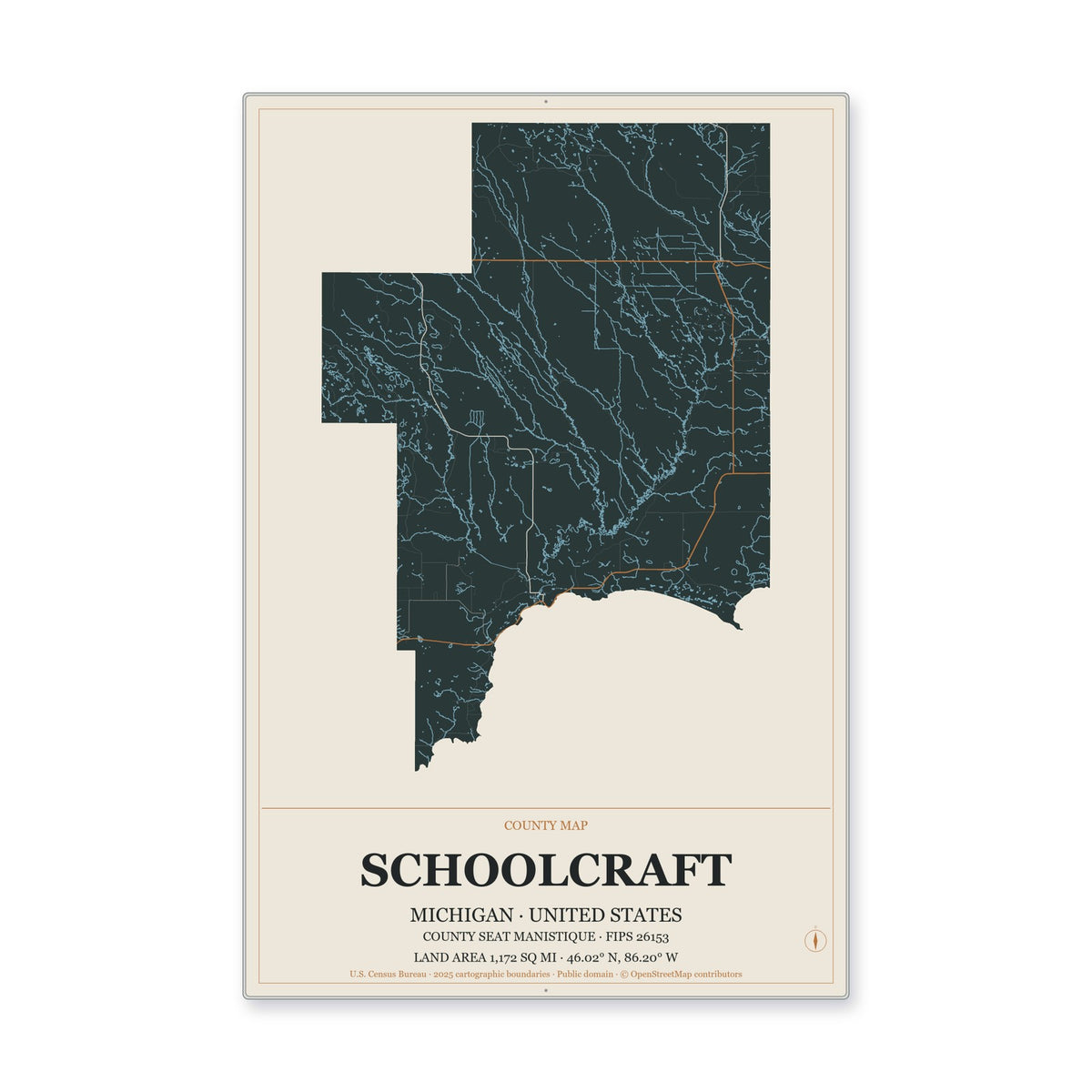 Schoolcraft County, Michigan Map Aluminum Sign in Headline Atlas style