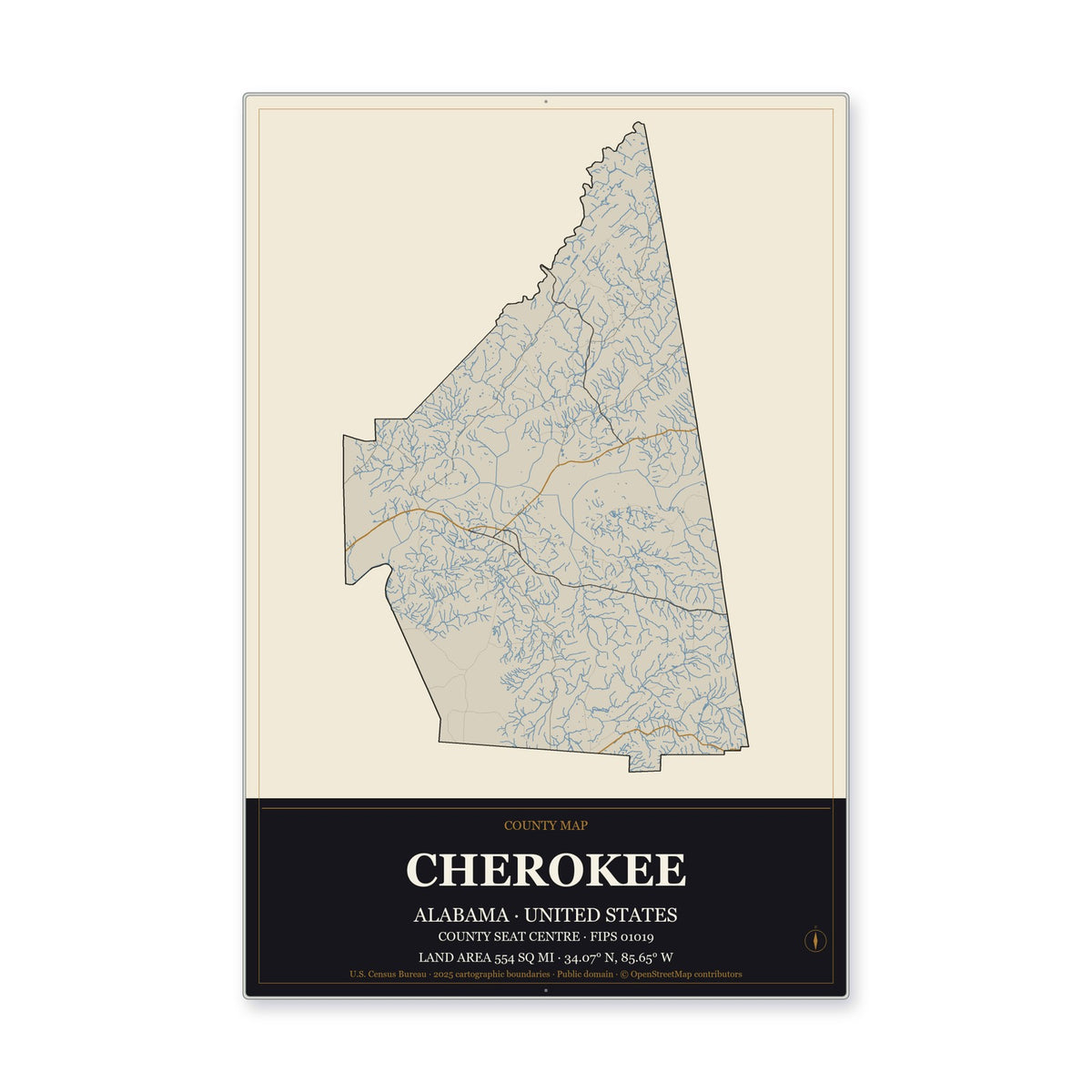 Cherokee County, Alabama Map Aluminum Sign in Museum Plaque style