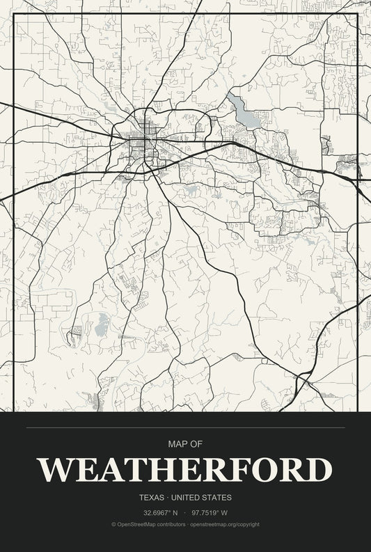 Weatherford, Texas City Map Aluminum Sign in Museum Plaque style