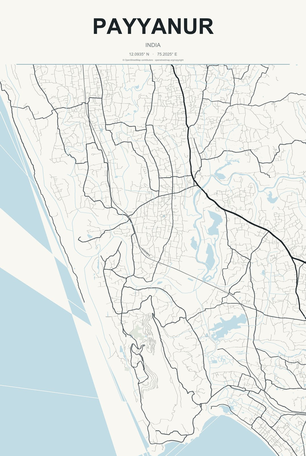 Payyanur, India City Map Aluminum Sign in Headline Atlas style