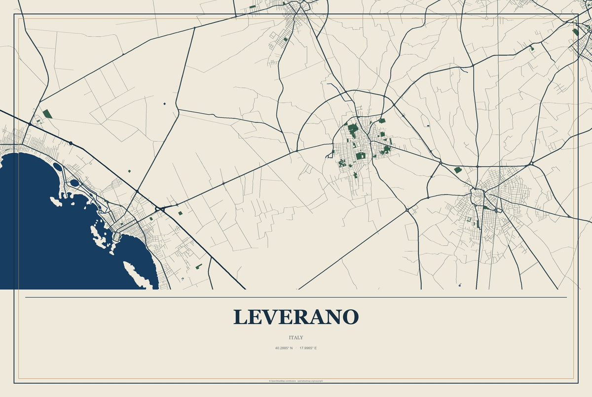Leverano, Italy City Map Aluminum Sign in Coastal Cutout style