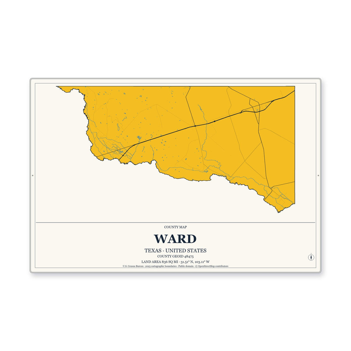 Ward County, Texas Map Aluminum Sign in Citrine Modern style