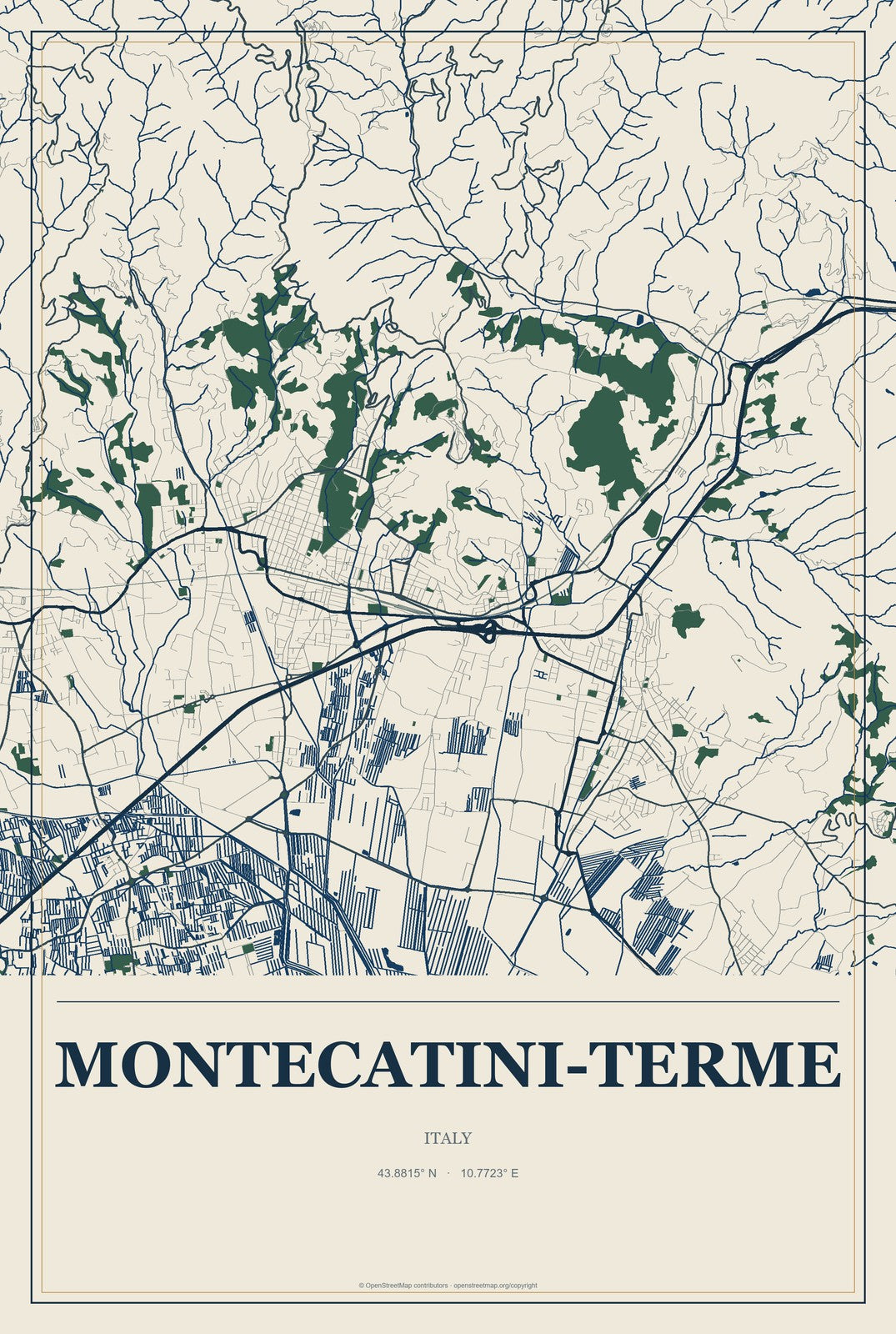 Montecatini-Terme, Italy City Map Aluminum Sign in Coastal Cutout style