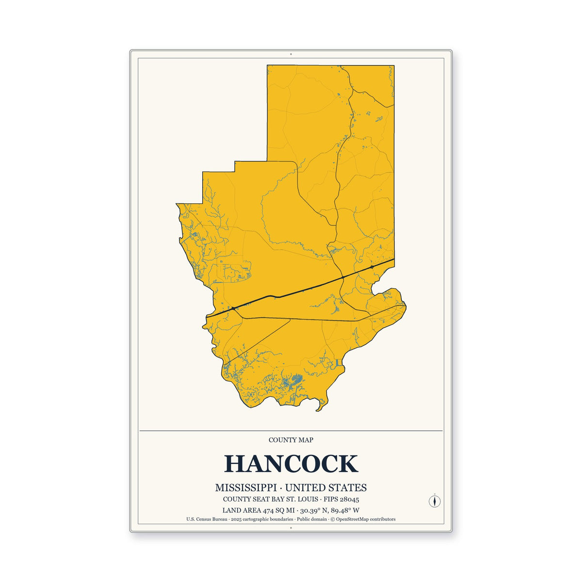 Hancock County, Mississippi Map Aluminum Sign in Citrine Modern style
