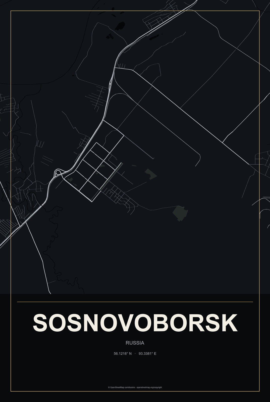 Sosnovoborsk, Russia City Map Aluminum Sign in Metropolitan Noir style