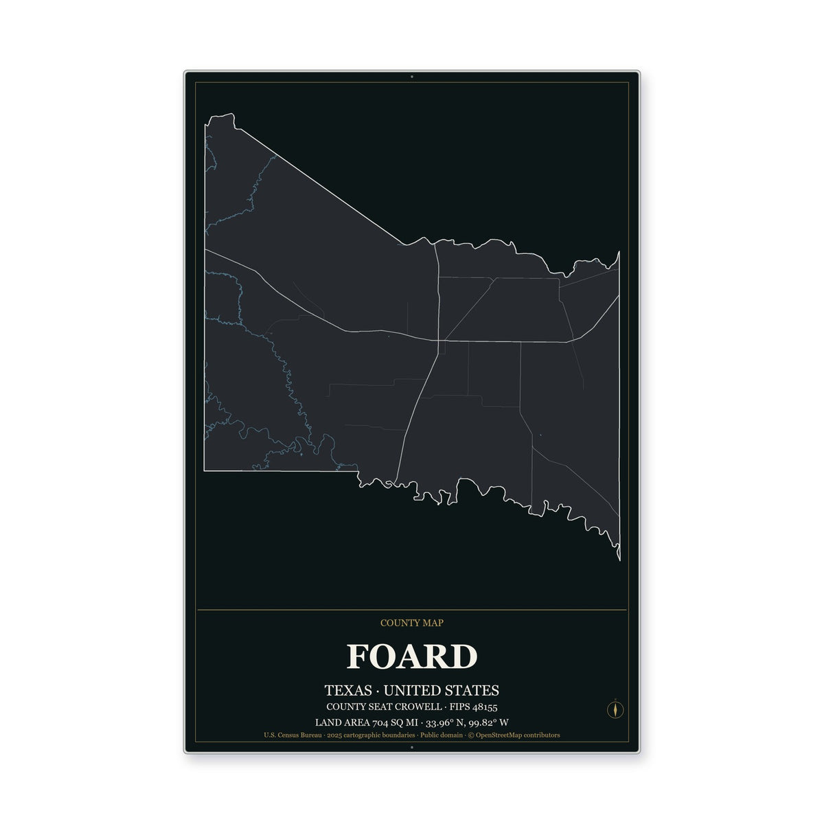 Foard County, Texas Map Aluminum Sign in Metropolitan Noir style