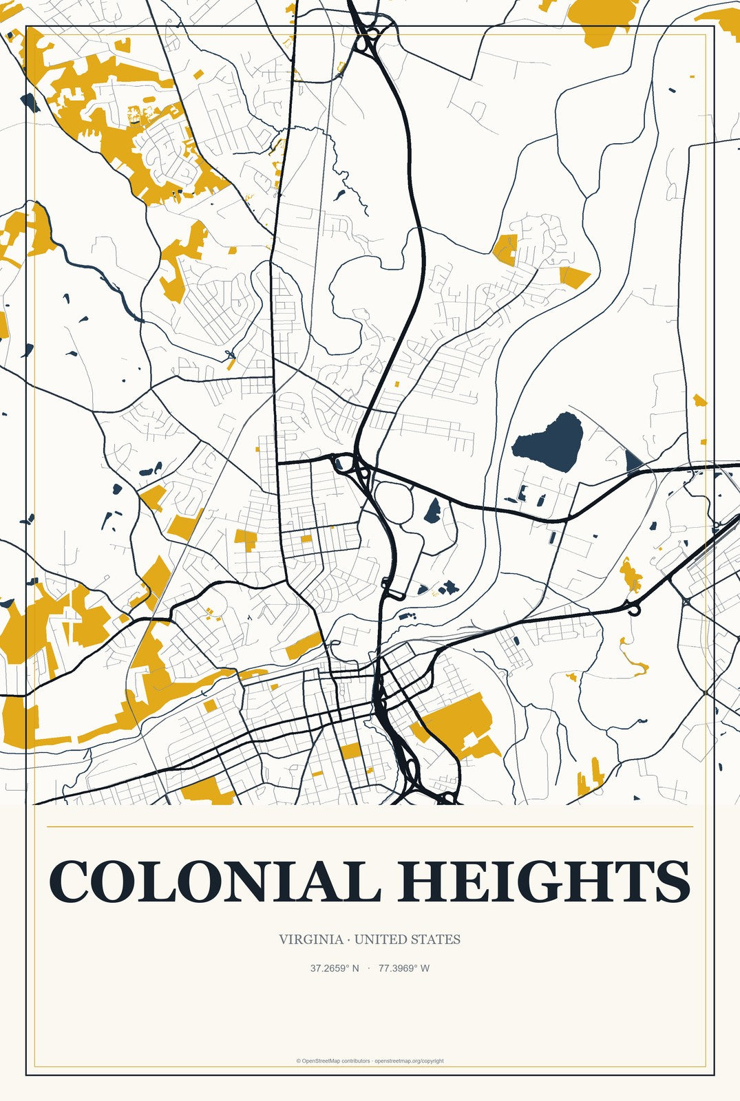 Colonial Heights, Virginia City Map Aluminum Sign in Citrine Modern style
