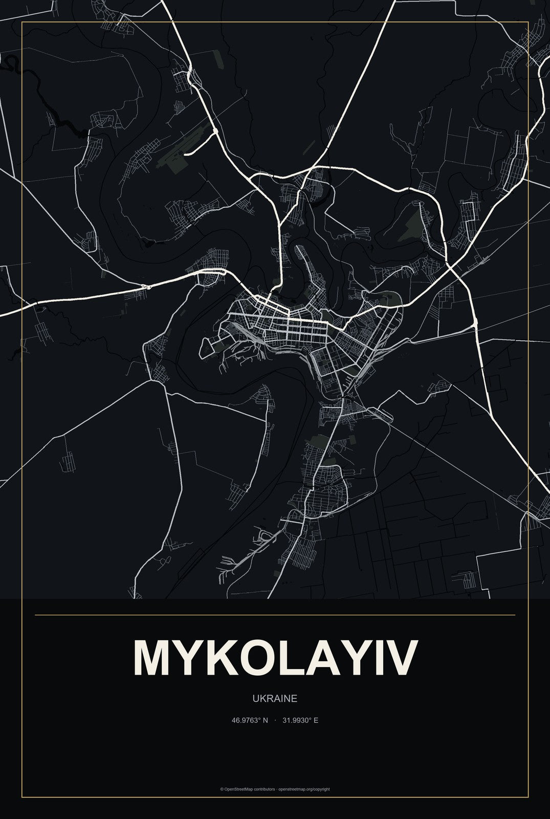 Mykolayiv, Mykolaiv, Ukraine City Map Aluminum Sign in Metropolitan Noir style