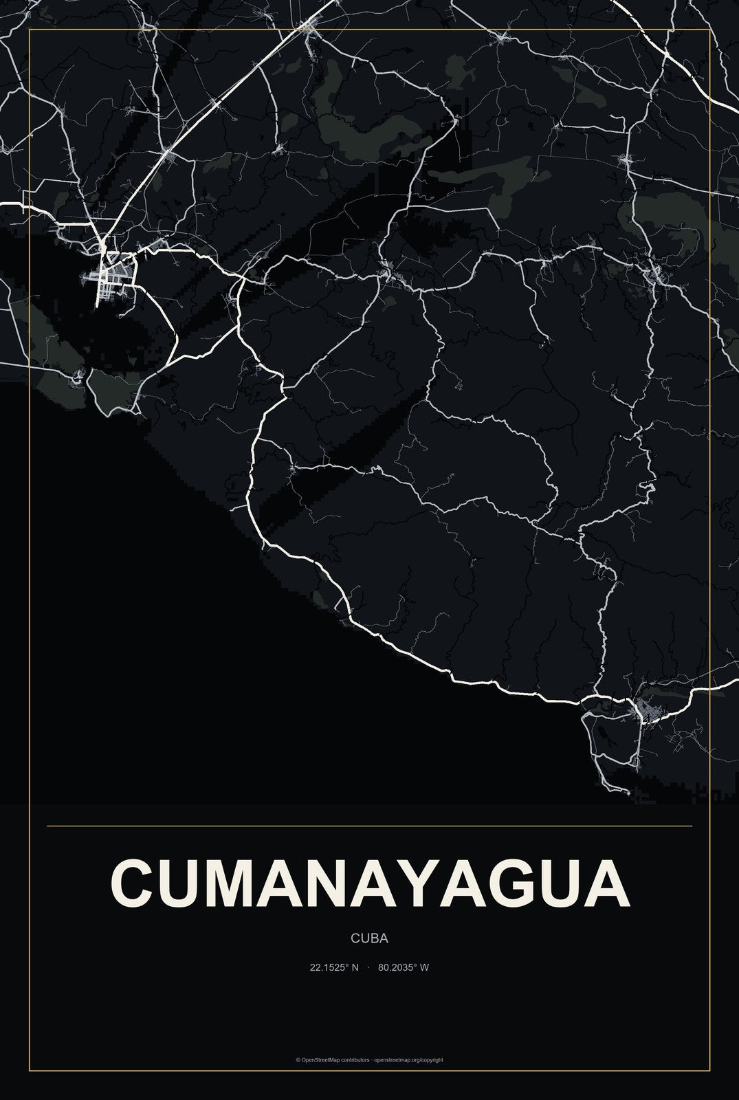 Cumanayagua, Cuba City Map Aluminum Sign in Metropolitan Noir style