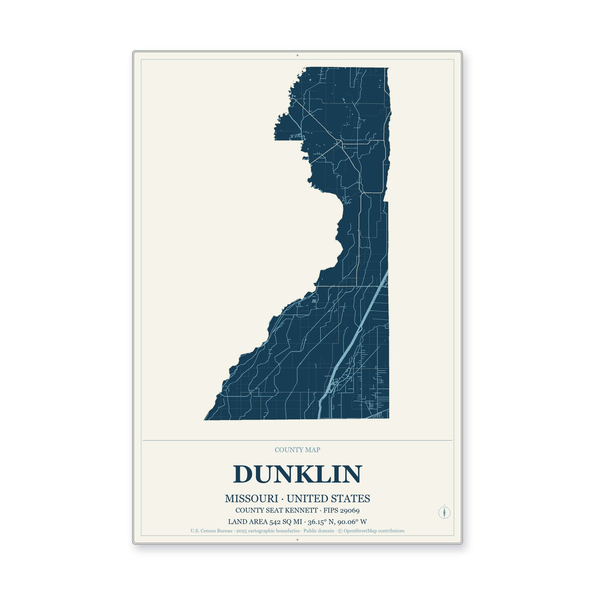 Dunklin County, Missouri Map Aluminum Sign in Coastal Cutout style