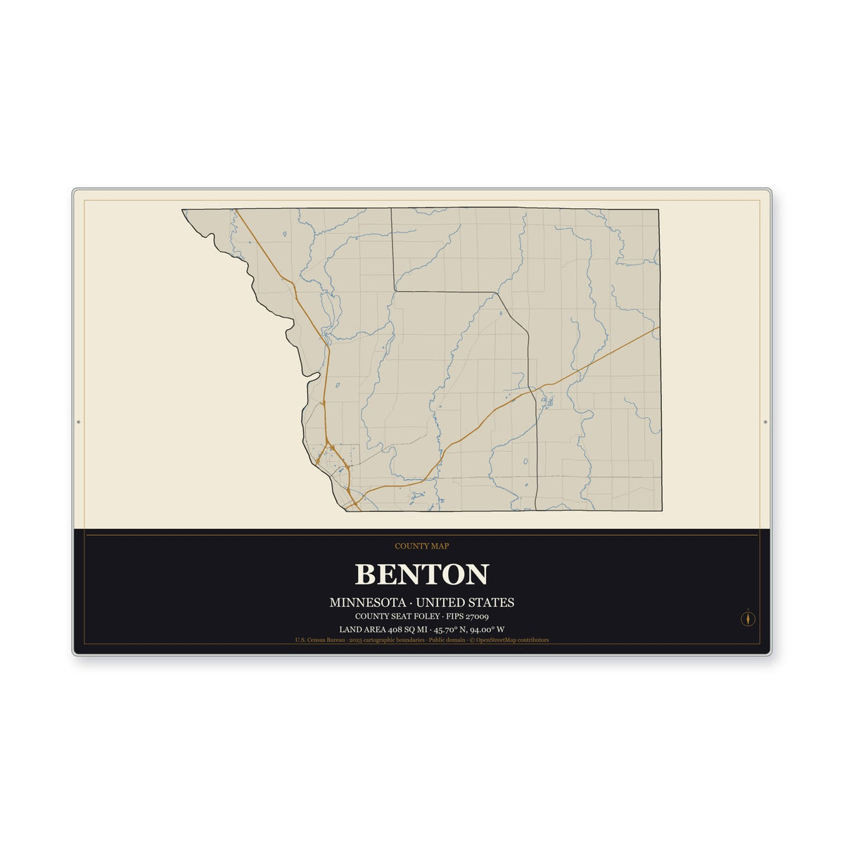 Benton County, Minnesota Map Aluminum Sign in Museum Plaque style
