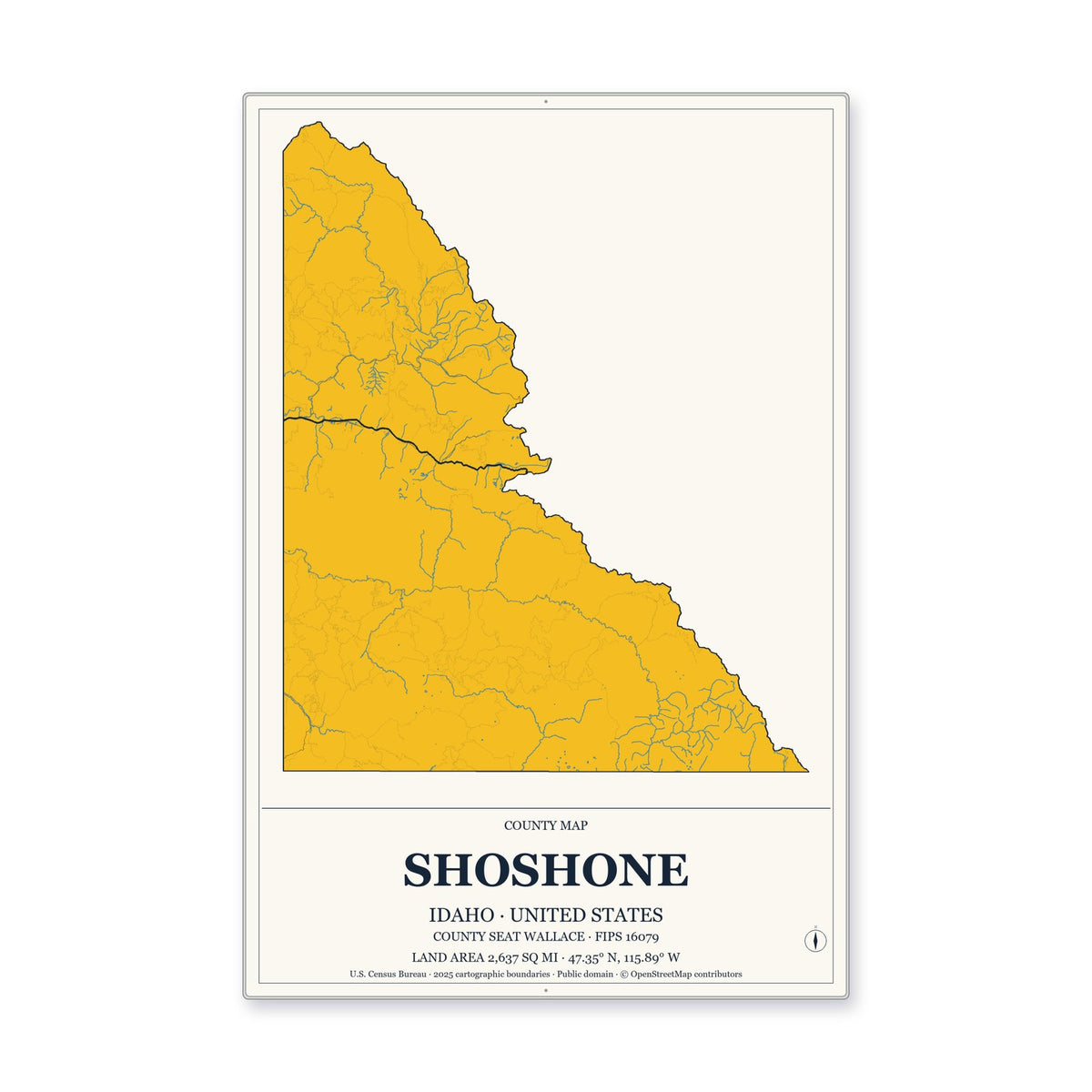 Shoshone County, Idaho Map Aluminum Sign in Citrine Modern style