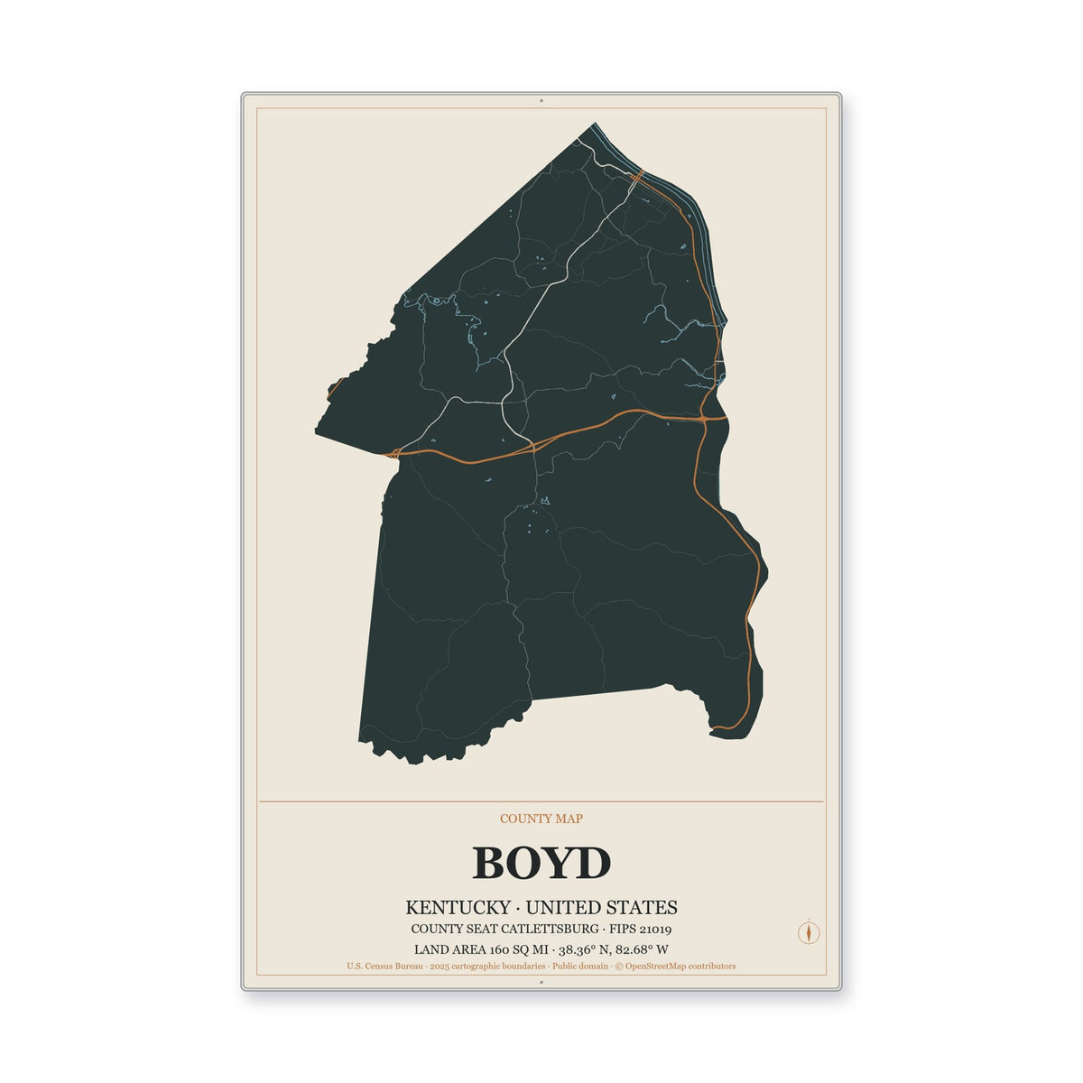 Boyd County, Kentucky Map Aluminum Sign in Headline Atlas style