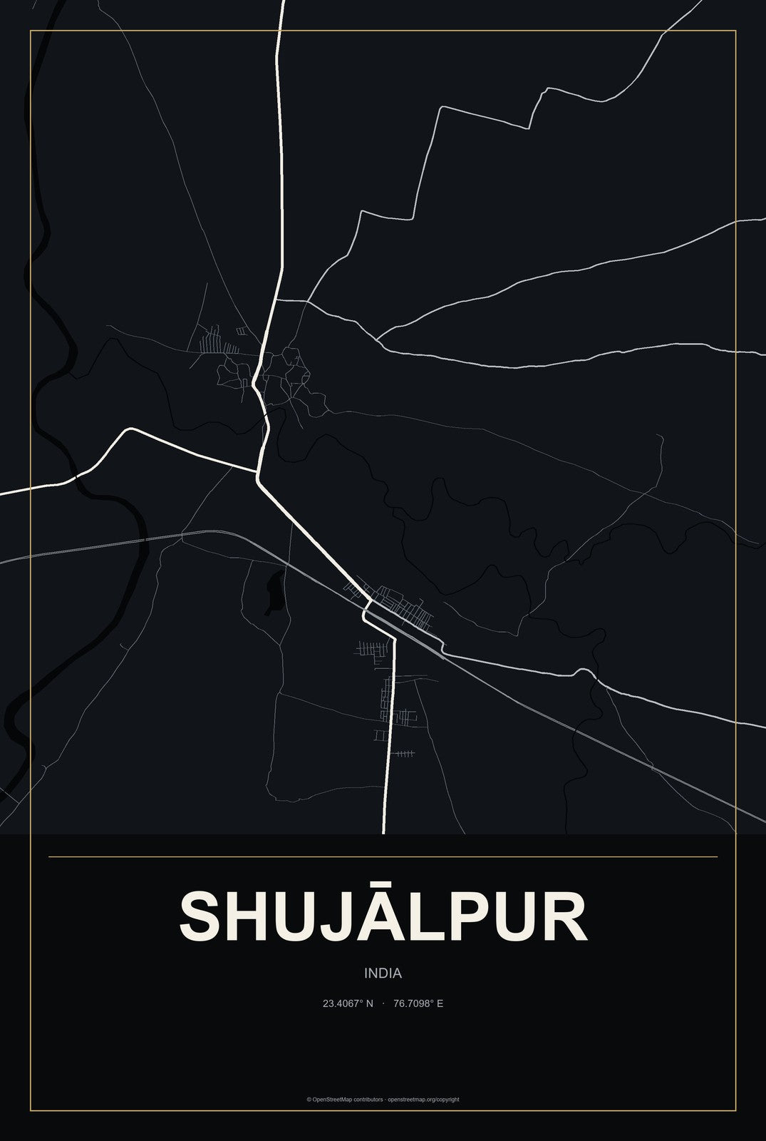 Shujālpur, India City Map Aluminum Sign in Metropolitan Noir style