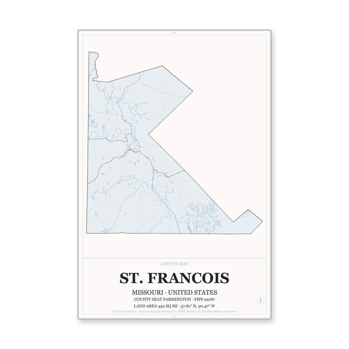 St. Francois County, Missouri Map Aluminum Sign in Gallery Air style