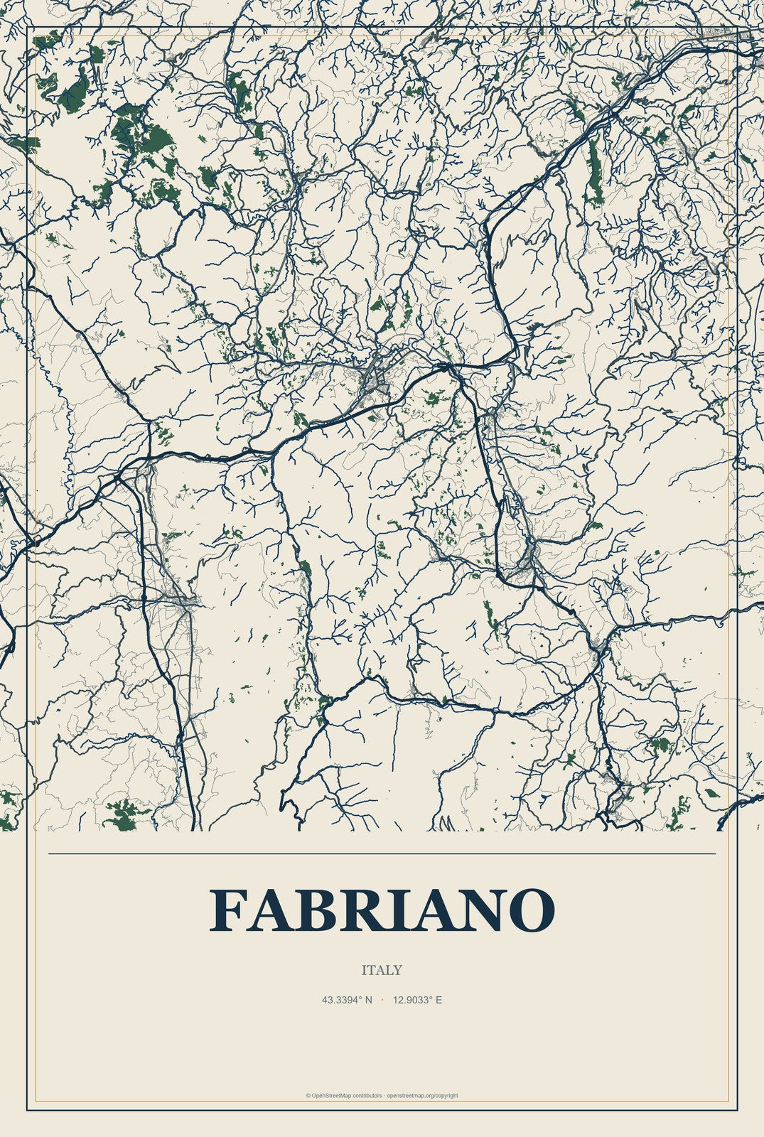Fabriano, Italy City Map Aluminum Sign in Coastal Cutout style