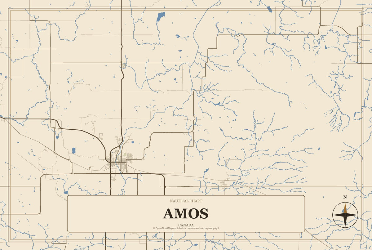 Amos, Canada City Map Aluminum Sign in Heritage Nautical style