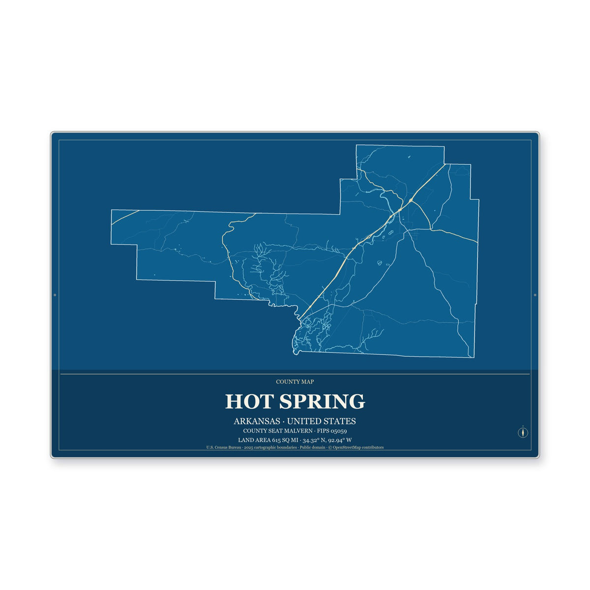Hot Spring County, Arkansas Map Aluminum Sign in Harbor Cobalt style