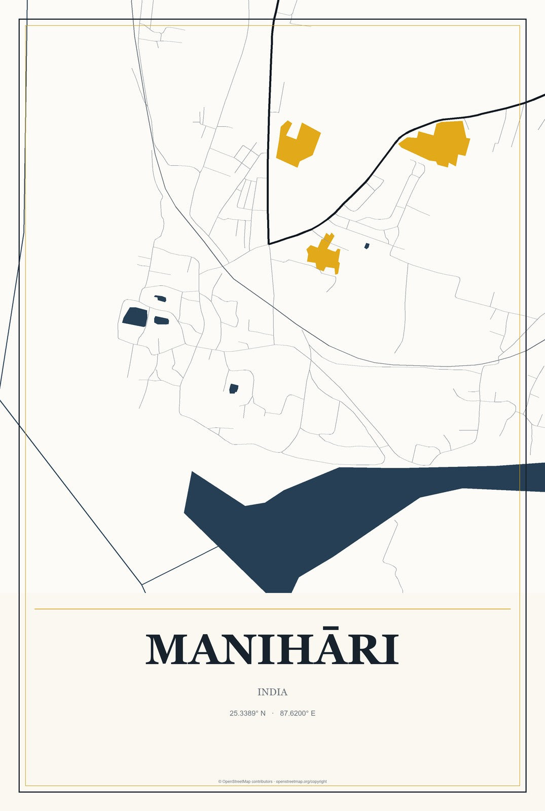 Manihāri, India City Map Aluminum Sign in Citrine Modern style