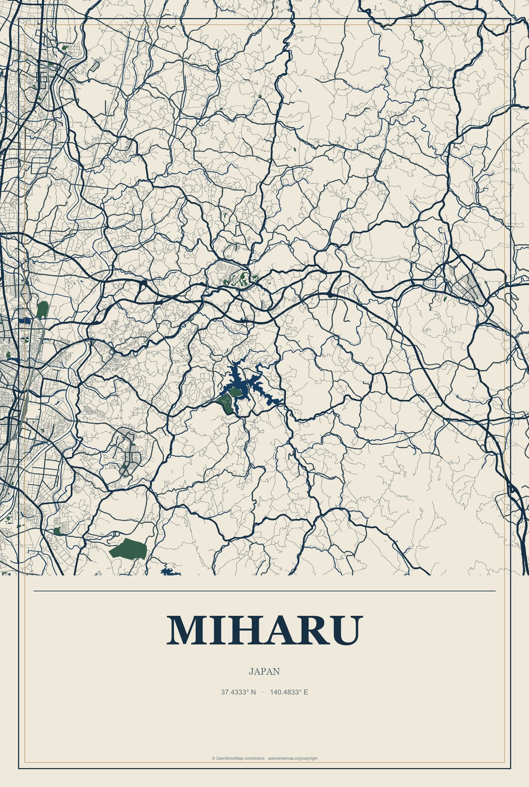 Miharu, Japan City Map Aluminum Sign in Coastal Cutout style