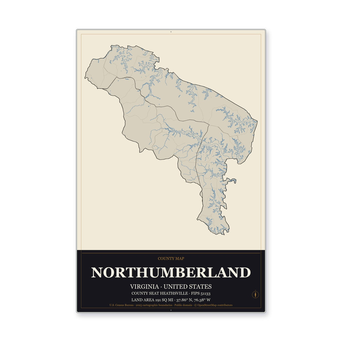Northumberland County, Virginia Map Aluminum Sign in Museum Plaque style