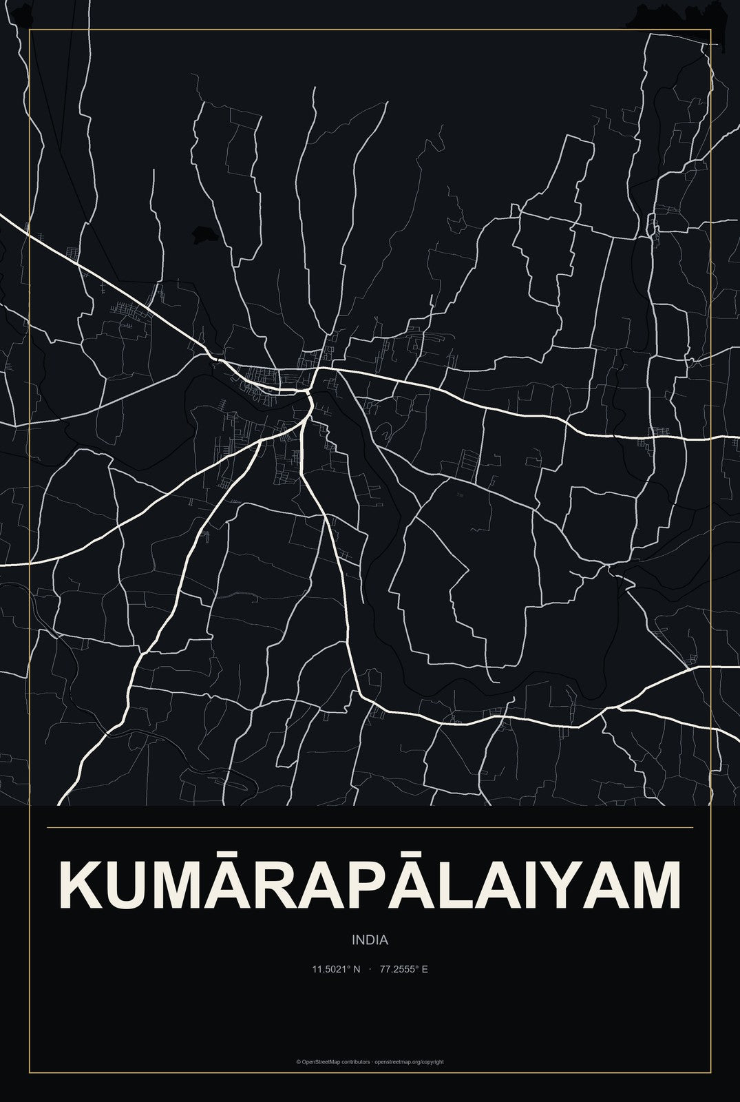 Kumārapālaiyam, India City Map Aluminum Sign in Metropolitan Noir style