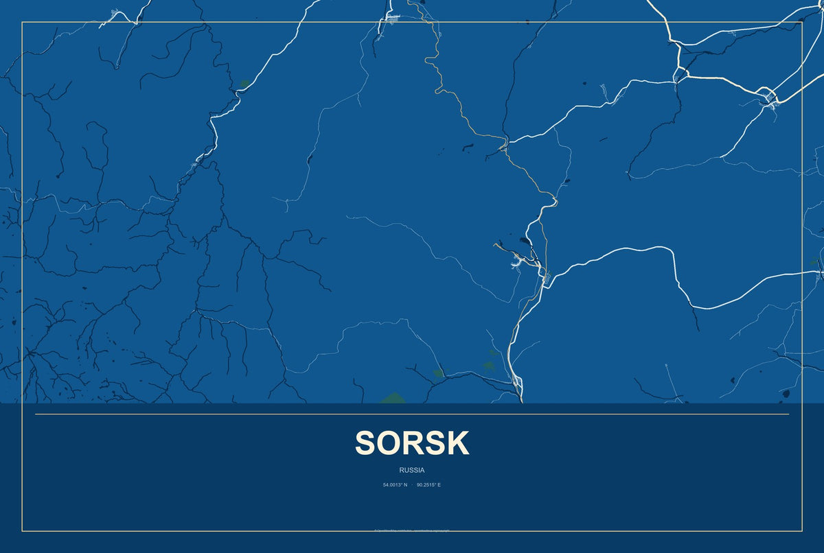 Sorsk, Russia City Map Aluminum Sign in Harbor Cobalt style
