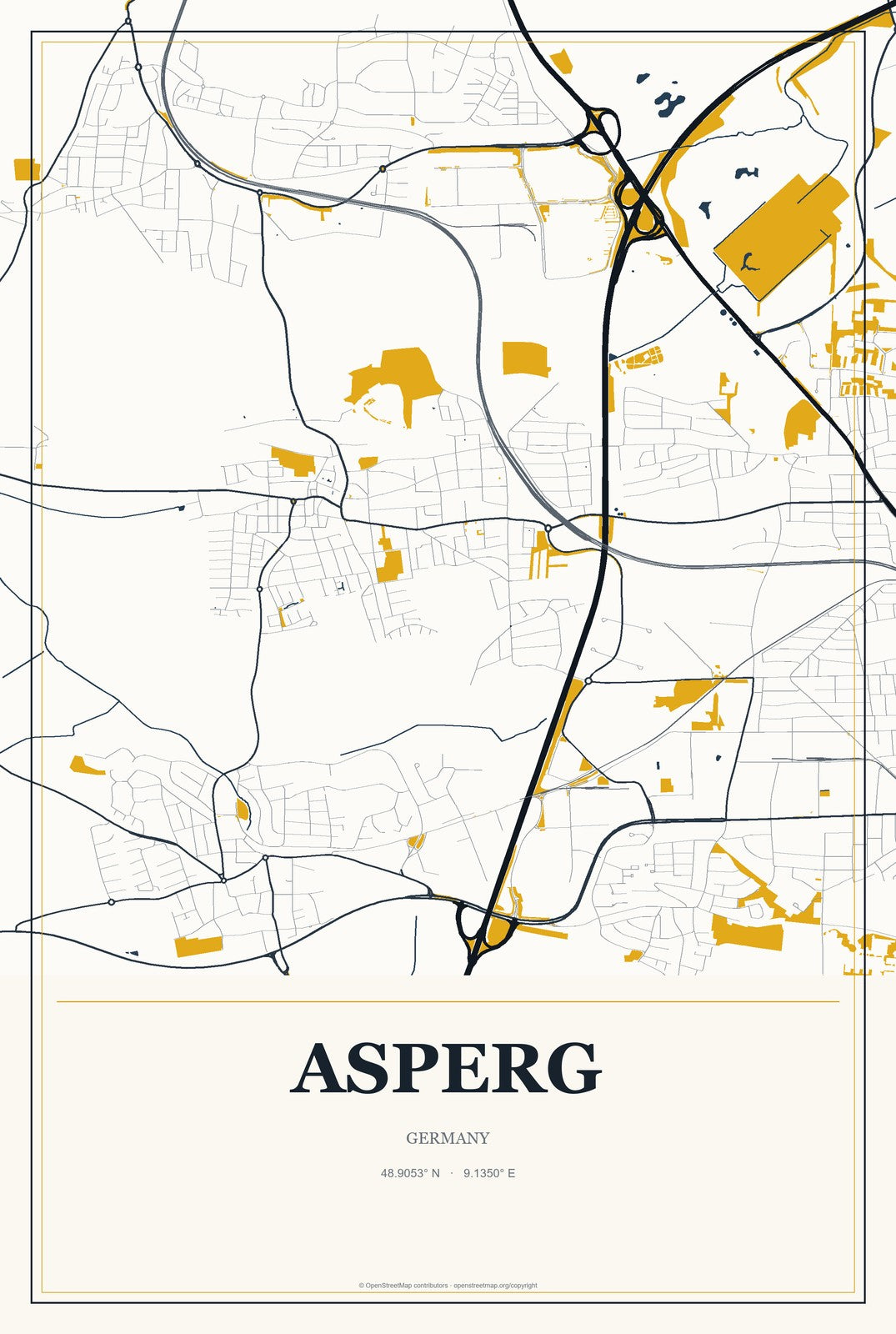 Asperg, Germany City Map Aluminum Sign in Citrine Modern style