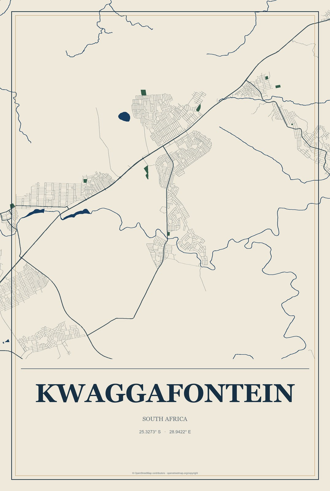 Kwaggafontein, South Africa City Map Aluminum Sign in Coastal Cutout style