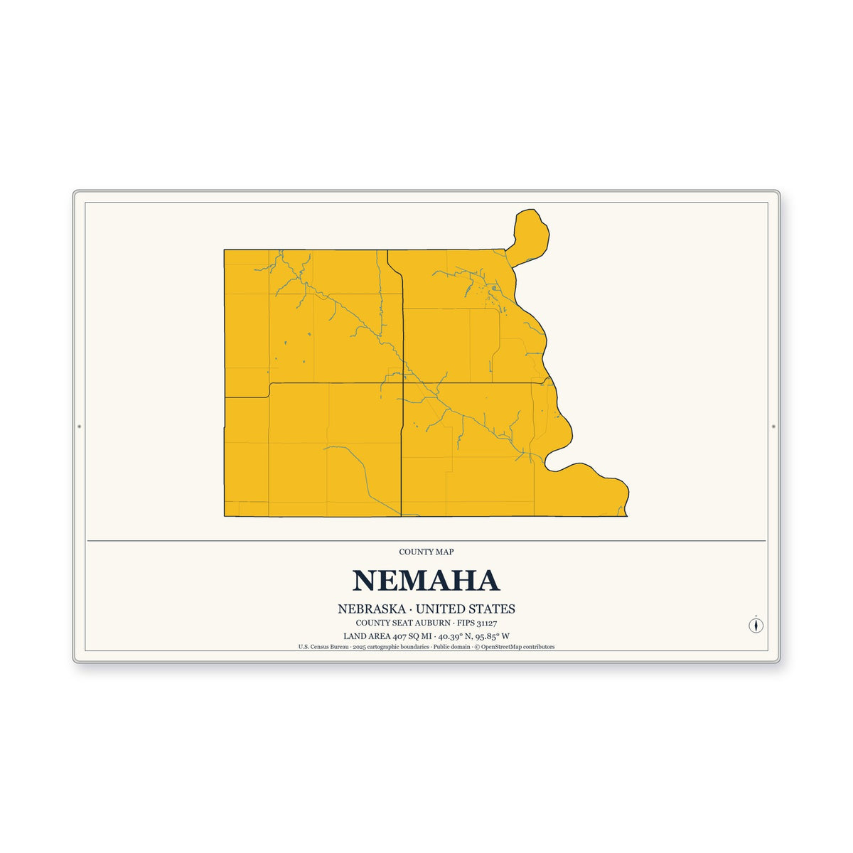 Nemaha County, Nebraska Map Aluminum Sign in Citrine Modern style