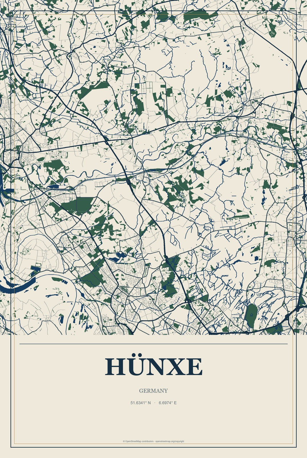 Hünxe, Germany City Map Aluminum Sign in Coastal Cutout style