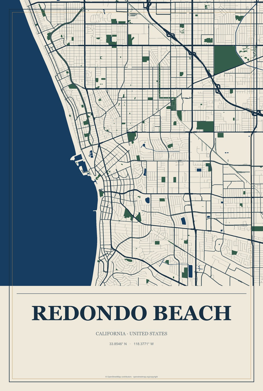 Redondo Beach, California City Map Aluminum Sign in Coastal Cutout style